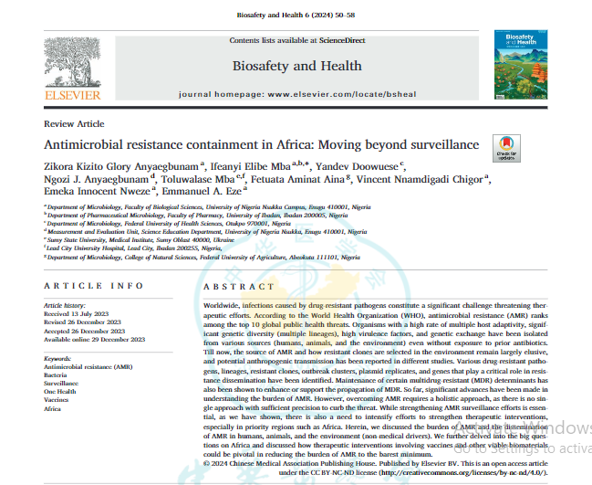 7. Anyaegbunam, Z.K.G., Mba, I.E., Yandev, D., Anyaegbunam, N.J., Mba, T., Aina, F.A., Chigor, V.N., Nweze, E.I. and Eze, E.A. 2024). Antimicrobial resistance containment in Africa: Moving beyond surveillance. Biosafety and Health, https://doi.org/10.1016/j.bsheal.2023.12.003